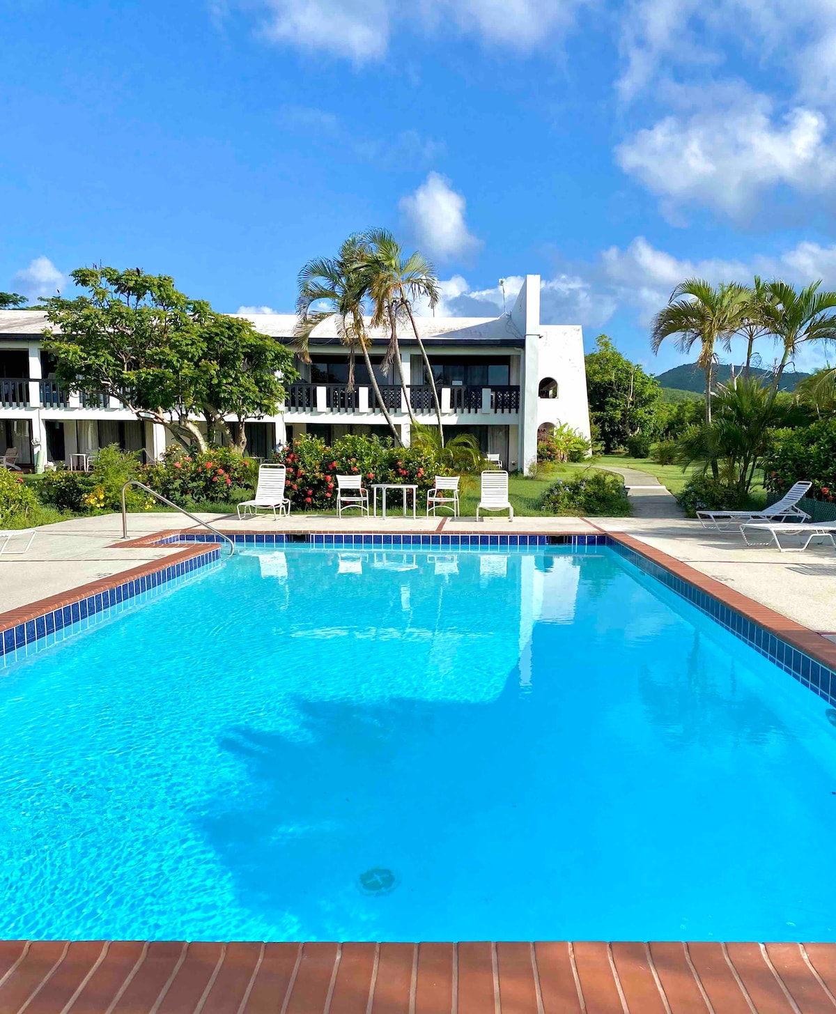A clear blue pool reflects the surrounding greenery, framed by a well-kept patio area. Lounge chairs are arranged neatly around the pool, and vibrant tropical plants thrive nearby, creating a serene outdoor environment. The sky above is bright and partly cloudy.