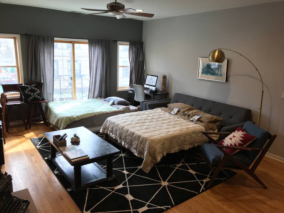 Living room with Sofabed open and air mattress inflated