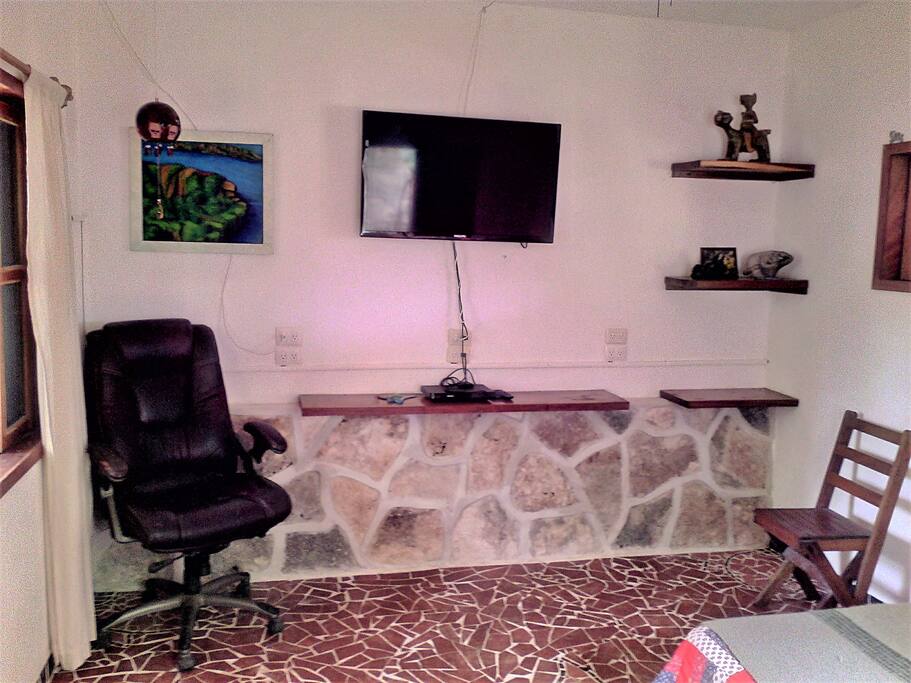 Flat-screen TV with DVD player and free wifi.