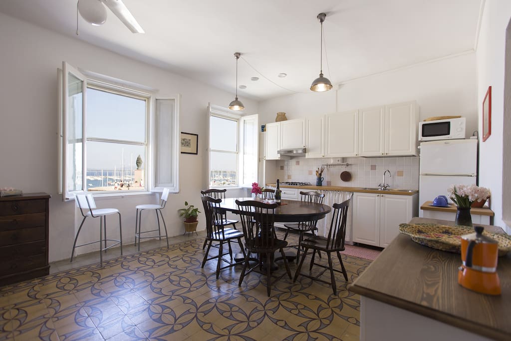 The living room and kitchen