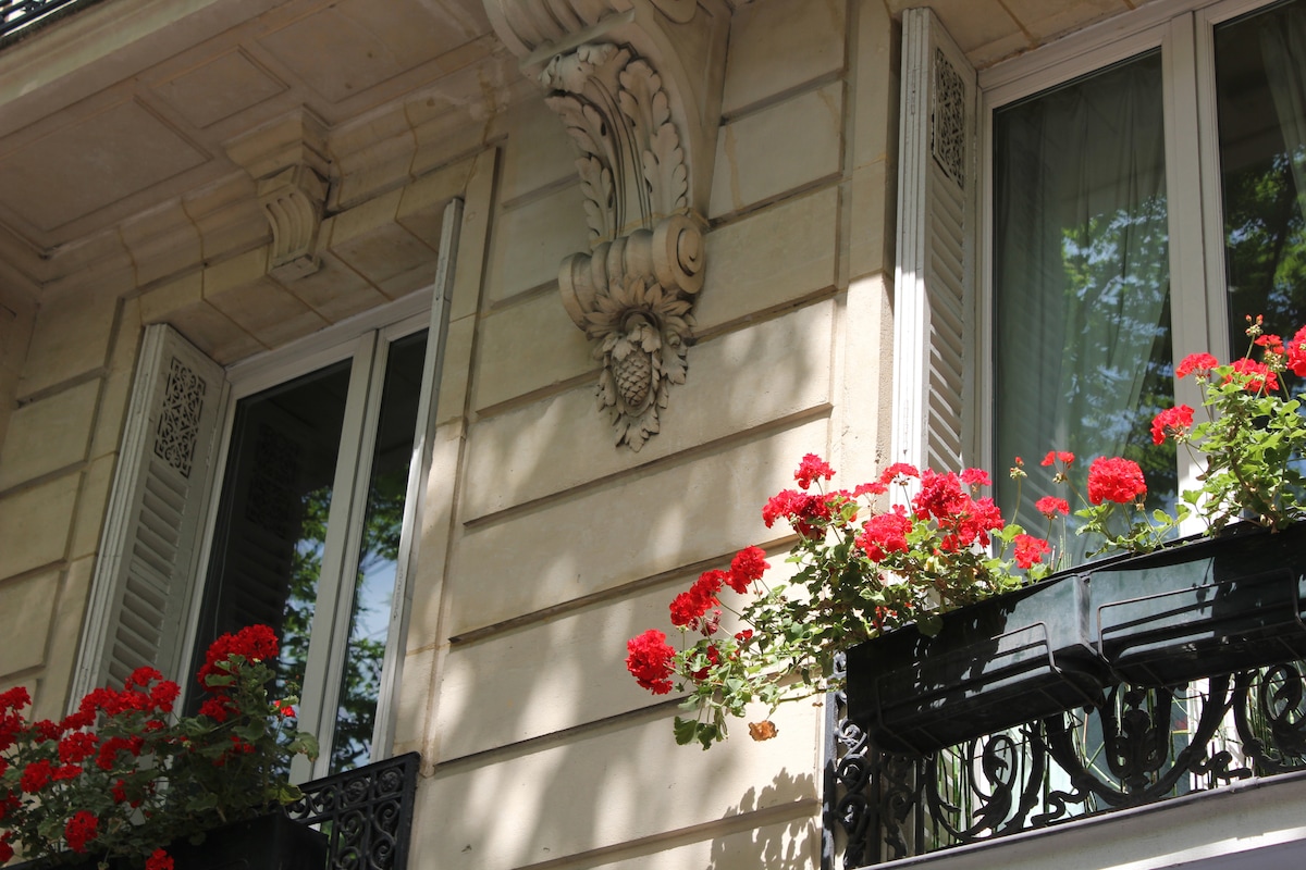 Beautiful window details are showcased, featuring white shutters and intricate architectural elements. Vibrant red geraniums in flower boxes add a pop of color against the soft stone facade, while dappled sunlight creates patterns of light and shadow on the wall.