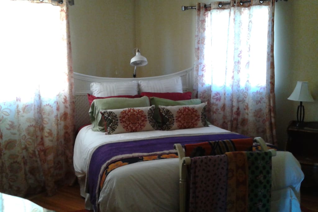 Brand new queen size bed, mattress, luxury linens, duvet, pillows, unisex robes; reading area; large bureau and clothing rack with storage