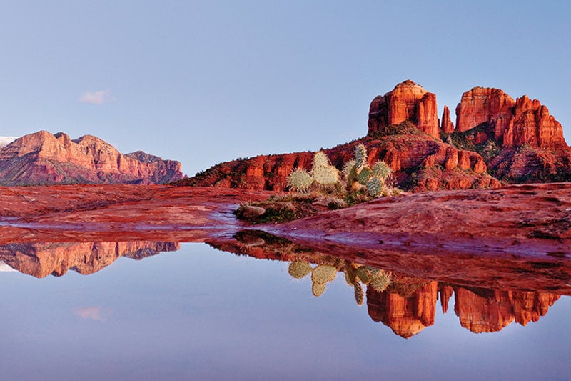 Red rock formations rise prominently against a clear blue sky, with rugged cliffs and mesas visible in the distance. A tranquil body of water reflects the vibrant colors of the landscape, creating a serene symmetry in nature. Desert vegetation, including cacti, is scattered along the foreground.