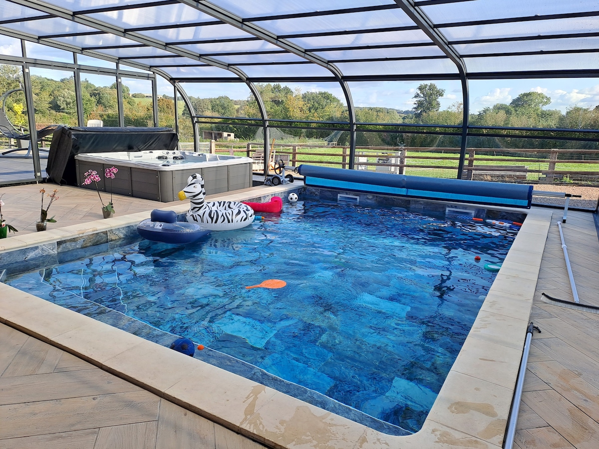 An indoor pool area features a spacious aquatic space with a colorful floating zebra and various toys. Surrounding plants add a touch of greenery, while a hot tub is positioned nearby, offering a relaxing view of the outdoors through large glass panels.