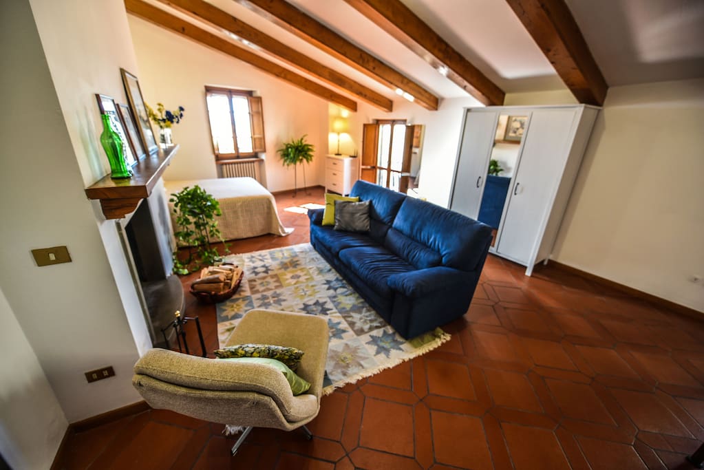 The bright studio from dining area to sleeping area