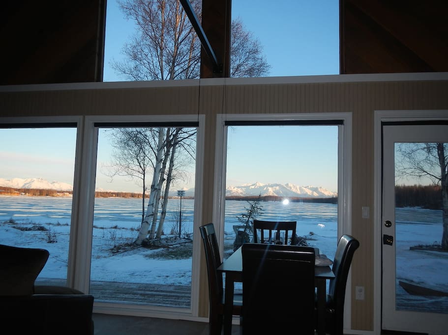 Window wall with entrance lakeside. Blackout blinds on all! Talketna range to north, Chugach east with Matinuska as the centerpiece and Pioneer peak winter view.