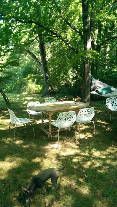 Outdoor teak table and chairs and a hammock