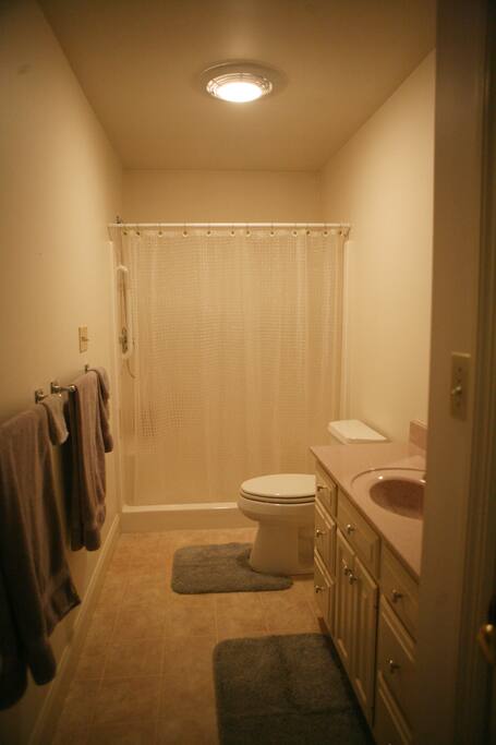 Bathroom has warm floor in cold weather.