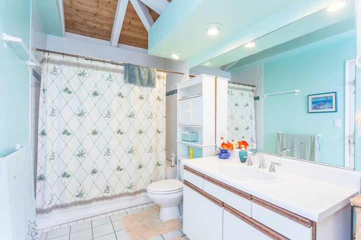 The private hall bathroom that is associated with the Kahuna Room.