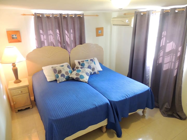 (4) ห้องนอนตั้งอยู่ทางขวามือเมื่อเข้าสู่ชั้นล่าง - ทำเป็นเตียงขนาดคิงไซส์ (สามารถแยกเป็น (2) เตียงเดี่ยว) เครื่องปรับอากาศตู้เสื้อผ้าในตัวโต๊ะข้างและโคมไฟ