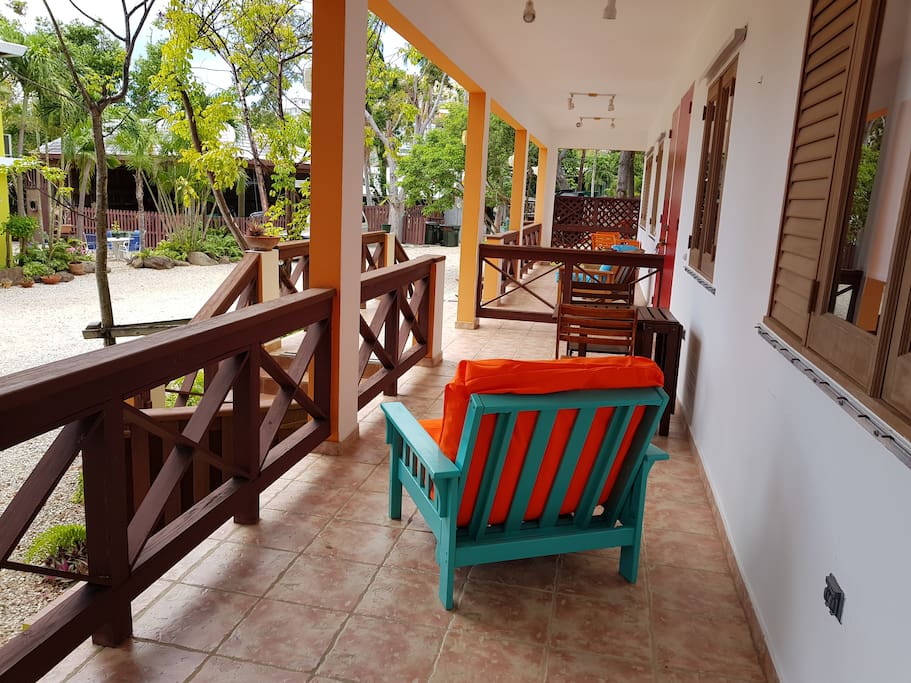 Private balcony with couch and table