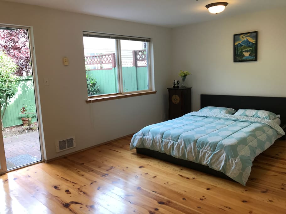Queen size bed with memory foam mattress and pillows. Colors may change, but comfort remains the same.