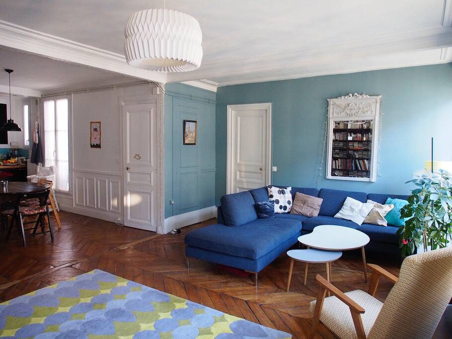 Living room with kitchen on the left