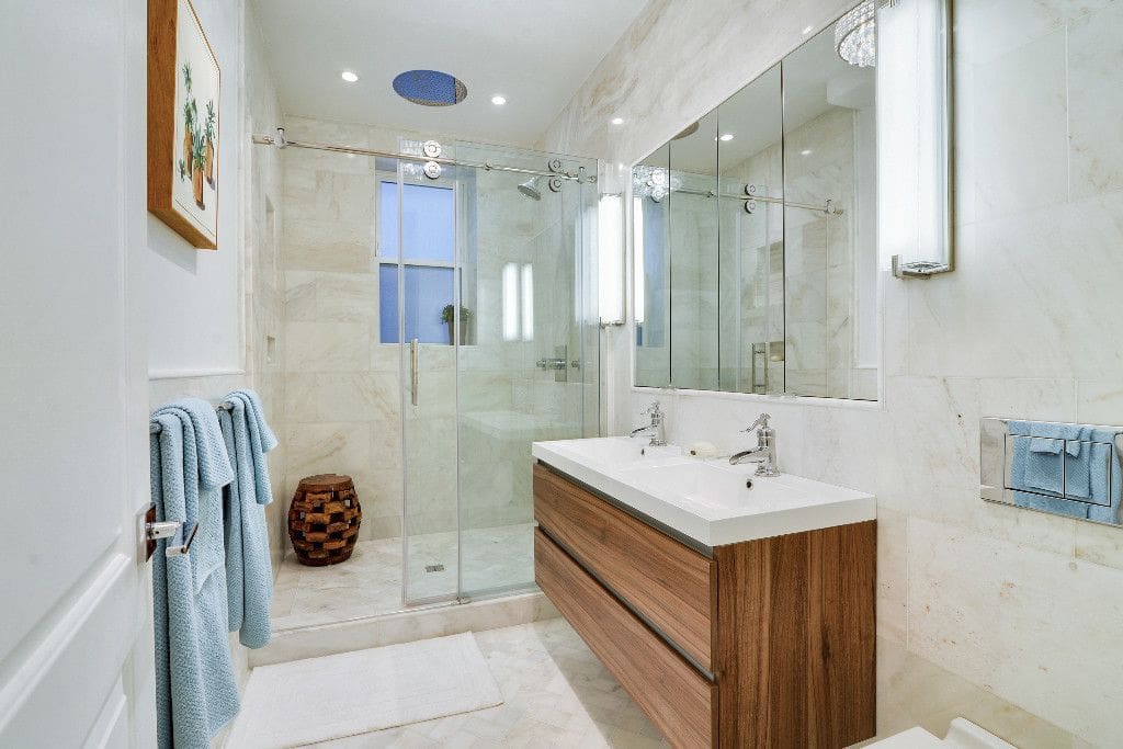 Luxury bathroom with double vanity and rain shower