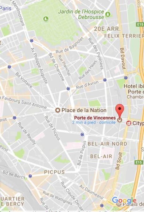 up : Père Lachaise ; down : parc de Vincennes & Bercy ; left : Nation & Bastille