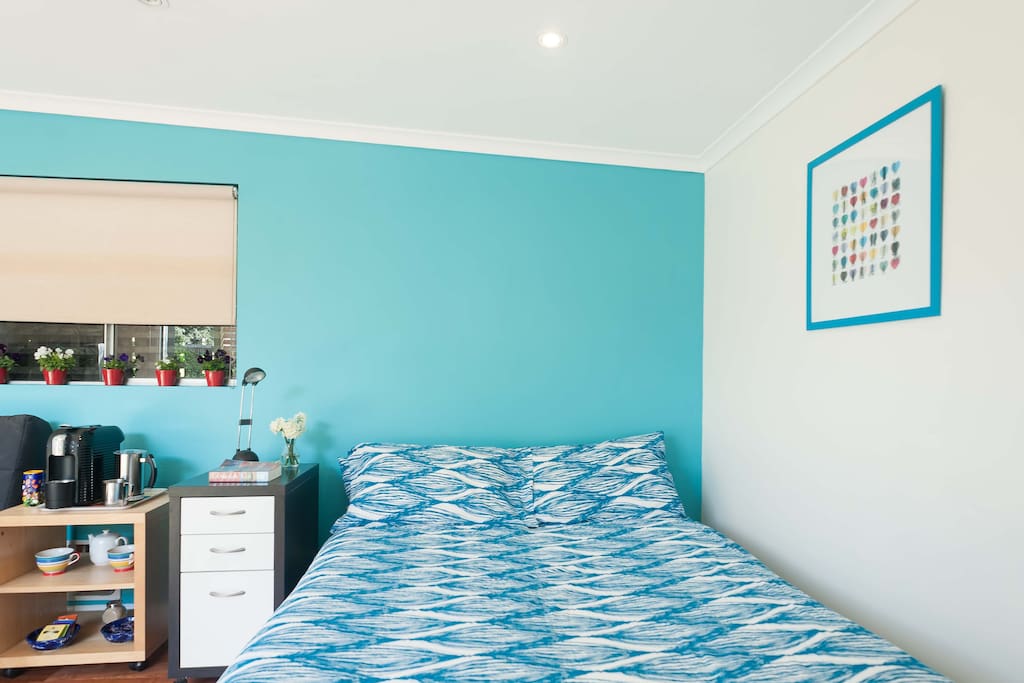 Double bed, bedside drawers and a coffee machine close to hand
