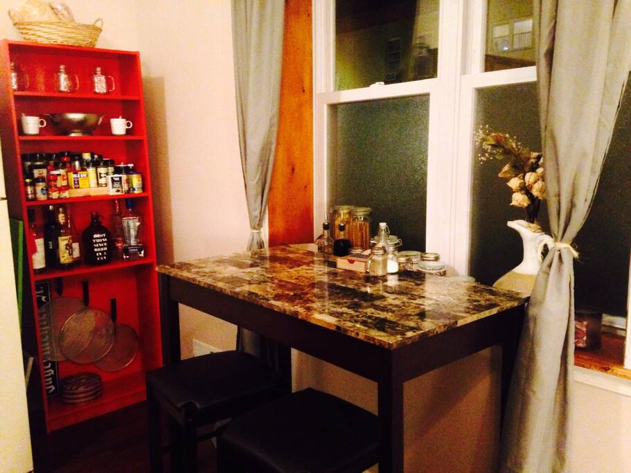 Bar style type dining plus all the spices a cook could ask for!