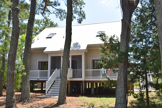 The charming house is set among tall pine trees, featuring a light-colored exterior and a welcoming front porch with steps leading up. Large windows are visible on the upper level, allowing natural light to illuminate the interior.