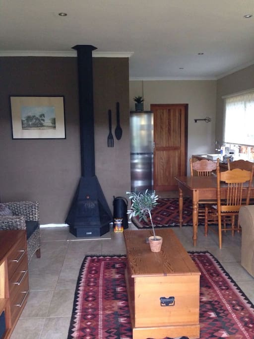 Fireplace and kitchen