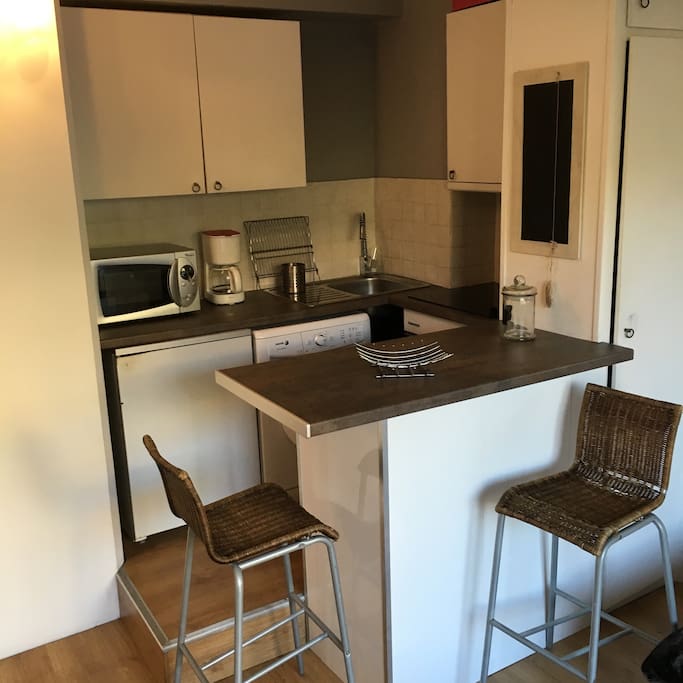 La cuisine équipée ( micro-ondes, four, lave-linge, grill-pain,...)/ Fully-equipped kitchen