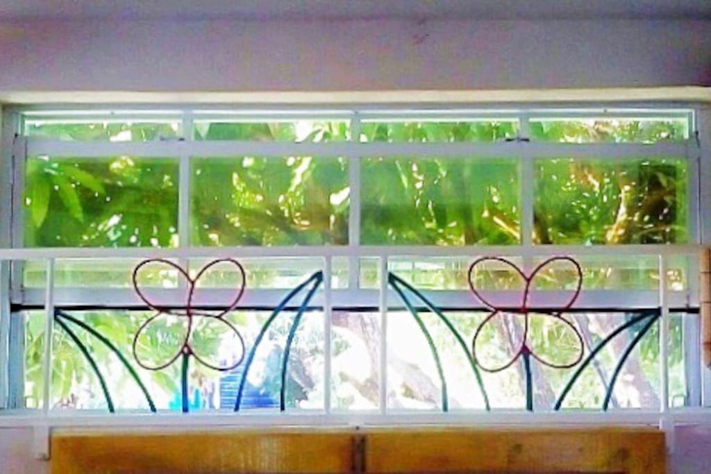Our windows not only have a glaze to make it harder to see in yet clear to look out into the garden, but are also mesh covered to keep out insects...and while beautiful, our wrought iron flowers provide an extra touch of security for our guests.