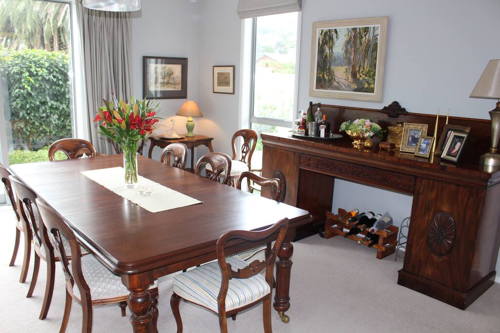 Elegant wooden dining, seats 8