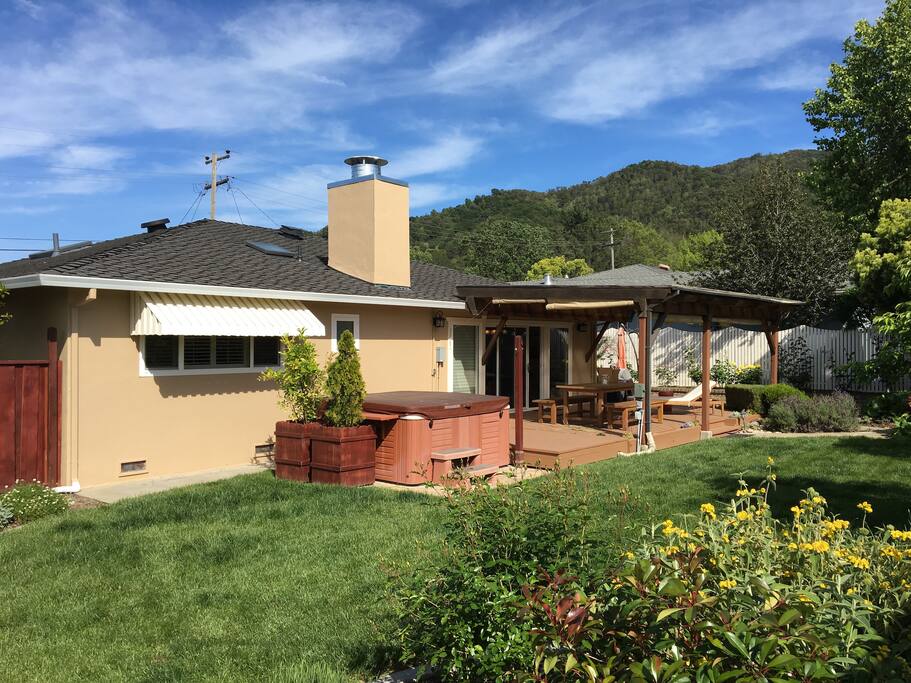 Sunny, open backyard close to hills for hiking