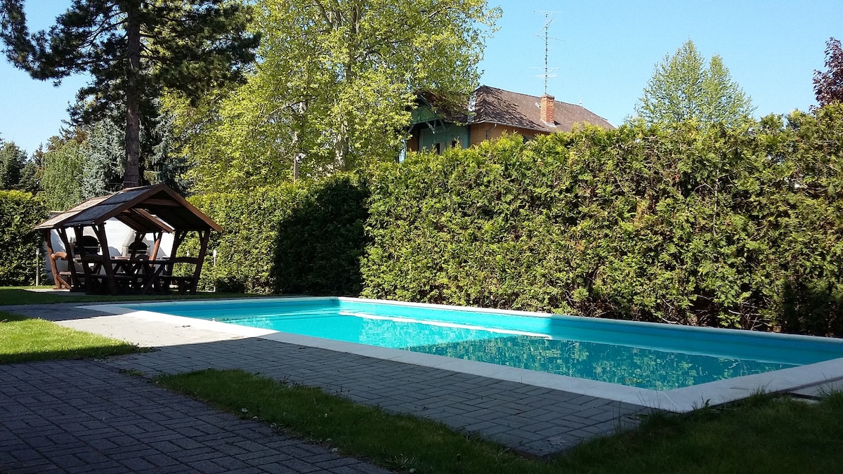 A heated pool is set in a garden surrounded by lush greenery. A wooden gazebo with seating is visible nearby, providing a shaded area for relaxation. Sunlight reflects off the clear blue water, enhancing the tranquil atmosphere of the outdoor space.