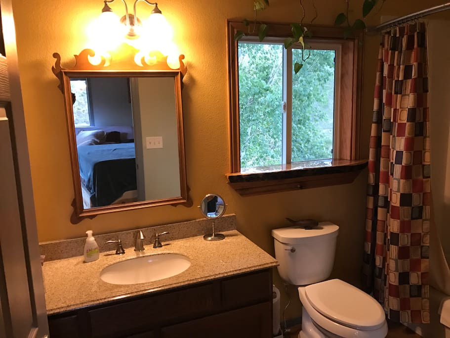 Entering the bathroom with aspen tree outside the window and a view of the mountain can also be acquired.
