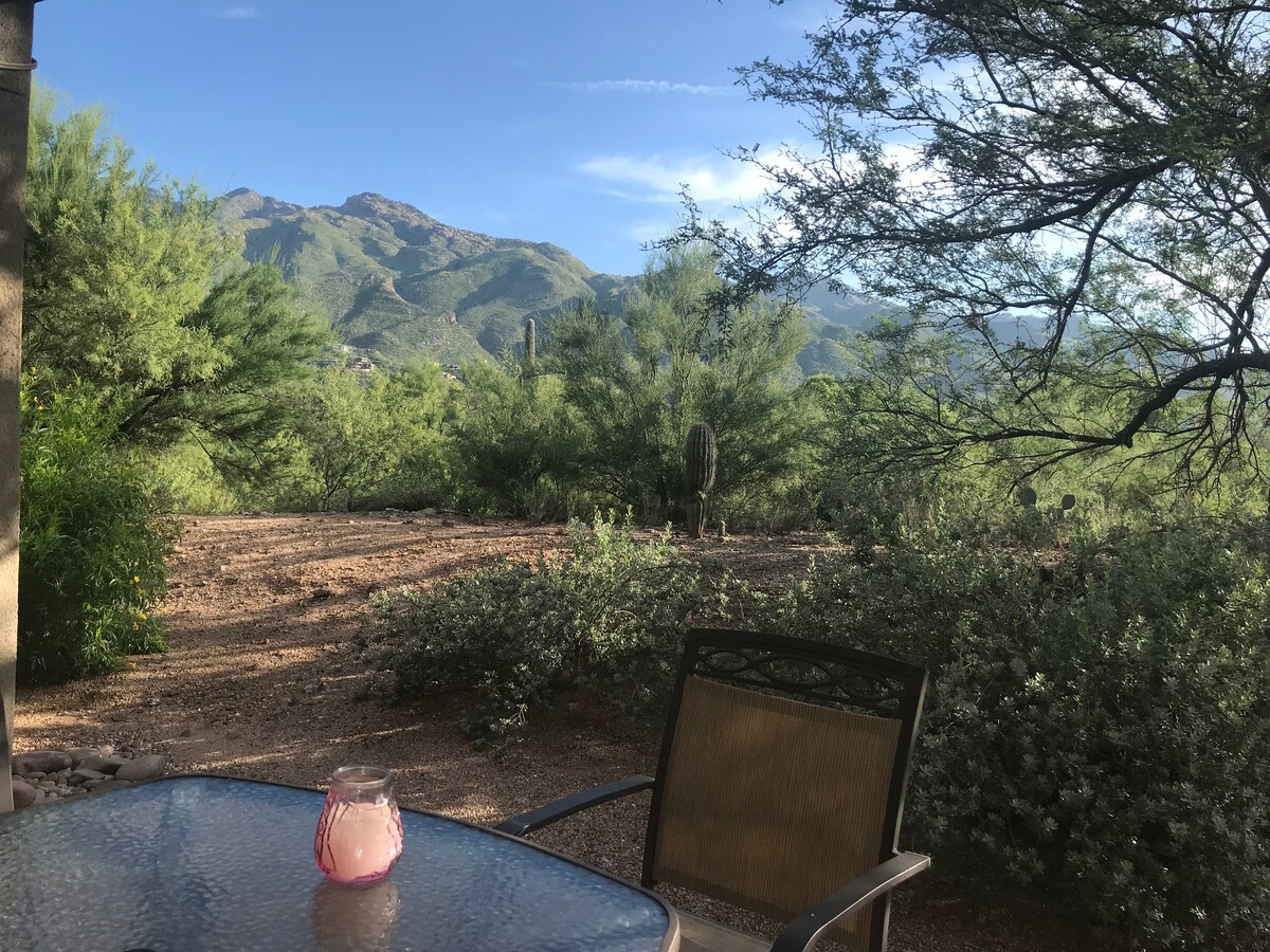 A serene outdoor patio area is visible, featuring a small glass table and a chair. Lush greenery surrounds the space, with distant views of the Catalina Mountains under a clear sky. The scene suggests a peaceful setting for relaxation.