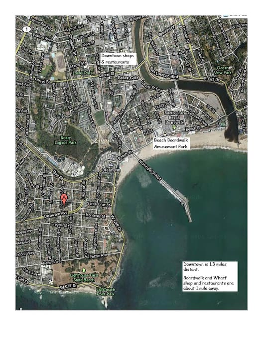Downtown Santa Cruz, Boardwalk and Wharf are all less than 1.5 miles away.