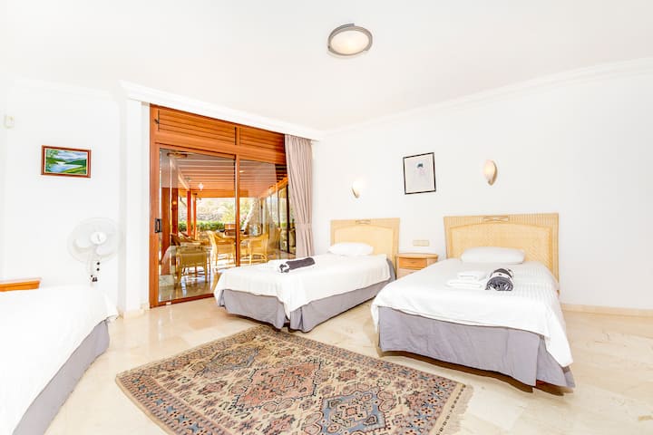 1st bedroom with 4 single beds.  All bedrooms are now ensuite with aircon.