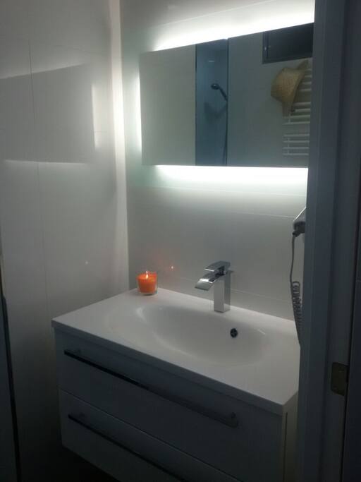 Waschbecken mit Spiegel und Fön / Washbasin with mirror and hair dryer