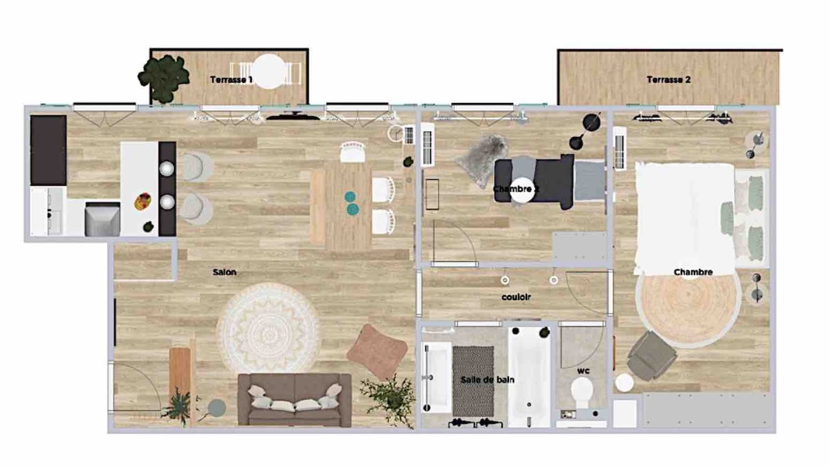The layout of the apartment is presented, showing a spacious living area, two bedrooms, and a bathroom. Each space is connected by smooth lines, with furnishings indicated in a minimalist style. Two terraces are visible, suggesting outdoor areas for relaxation.