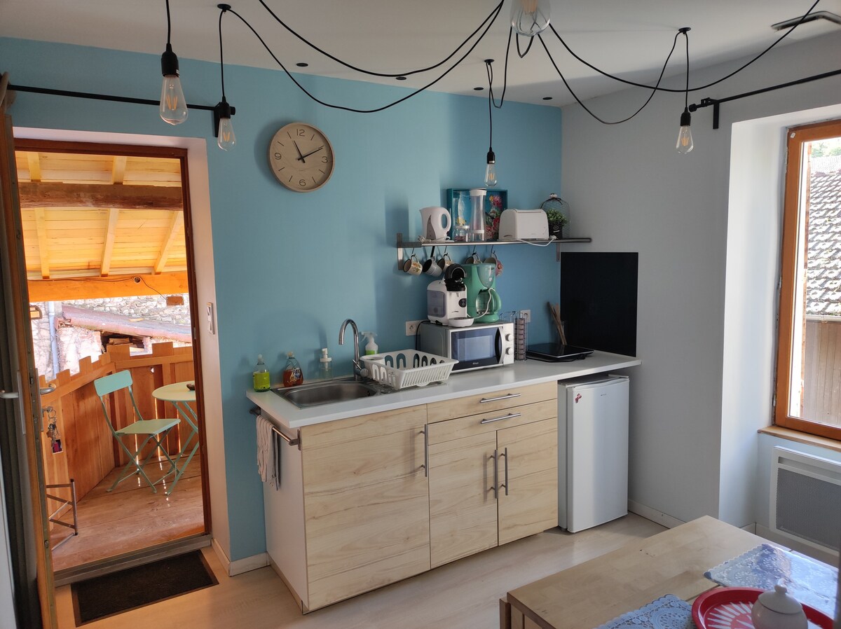A functional kitchen area is equipped with a sink, microwave, refrigerator, and various kitchenware. A wall clock is prominently displayed above the counter. An open door leads to a wooden terrace, where outdoor seating is visible, complementing the light blue wall color.