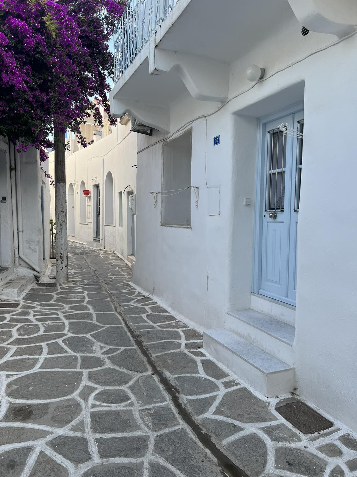 A narrow, cobblestone street is lined with whitewashed buildings. Bougainvillea cascades from above, adding a touch of vibrant purple. A light blue door stands prominently against the neutral facade, leading to a serene residential space. The quiet atmosphere invites exploration.
