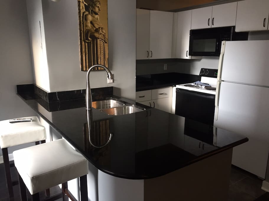 Newly installed black granite with upgraded faucet and sink