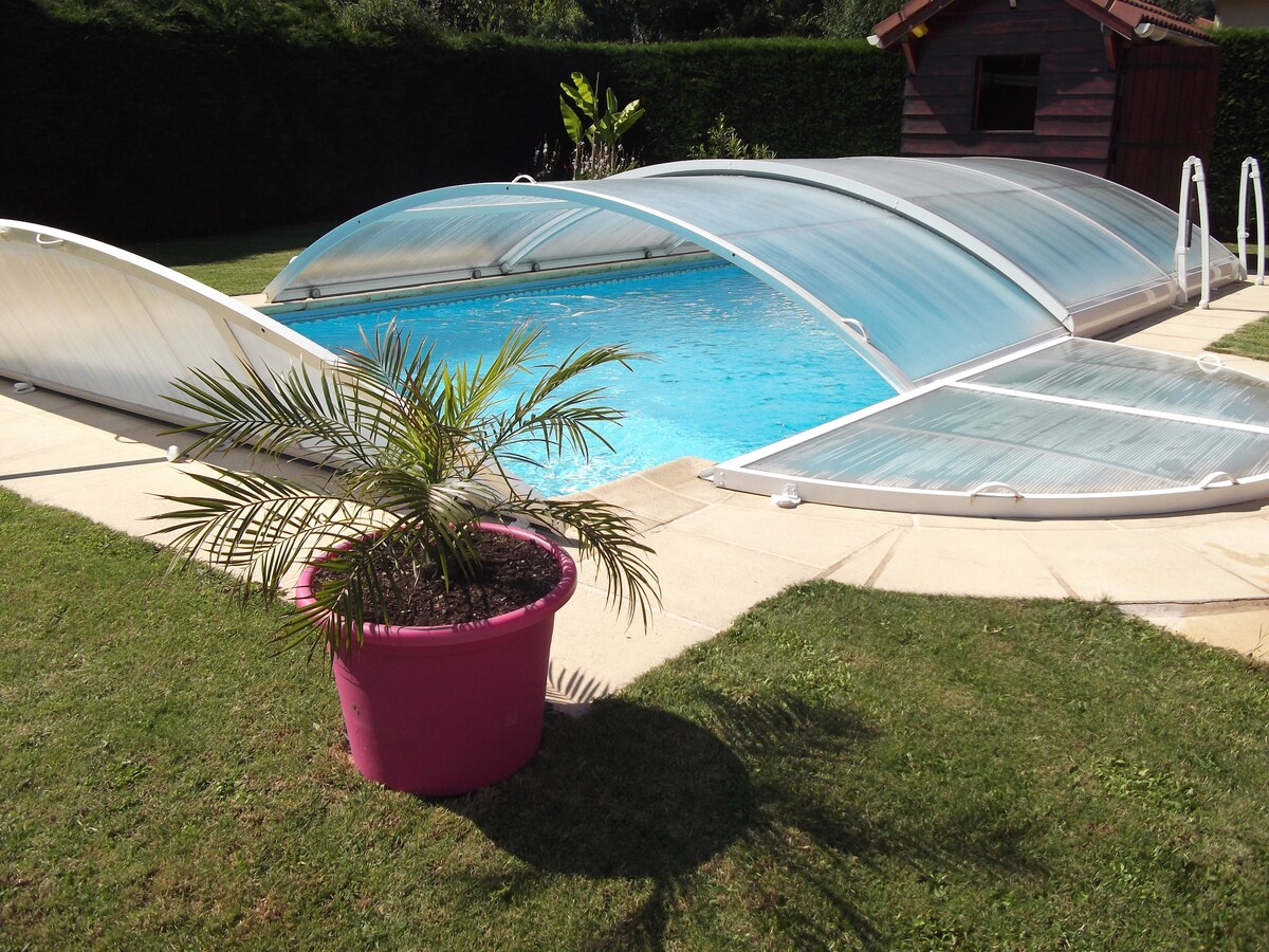 A shared swimming pool is enclosed by a transparent cover, allowing sunlight to illuminate the water. A vibrant pink planter with leafy greenery is positioned beside the pool on neatly maintained grass. A small wooden shed is visible in the background.