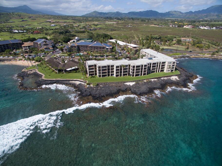 Aerial shot of Kuhio Shores. My unit is on the second floor jetting out closest to the ocean in the center.