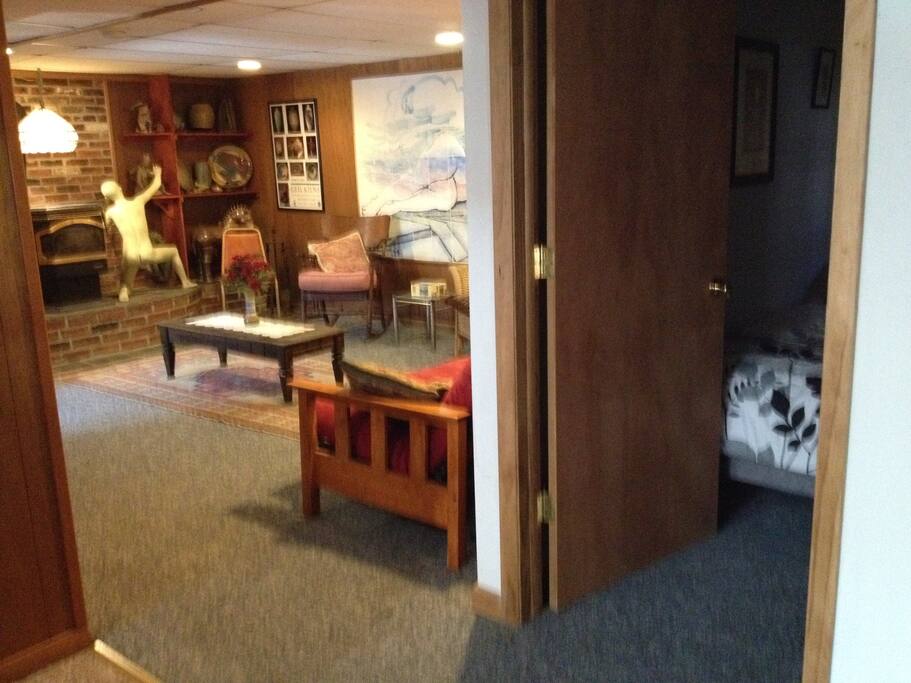 Living Room with pellet stove and ceramic art collection