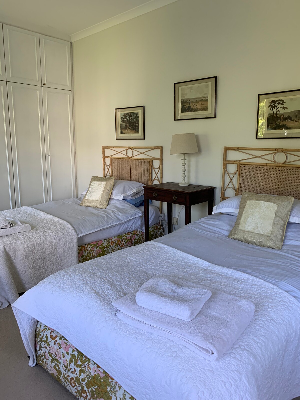 Spavaća soba s 2 odvojena kreveta. Dva iznimno široka kreveta. Pogled na vrt.