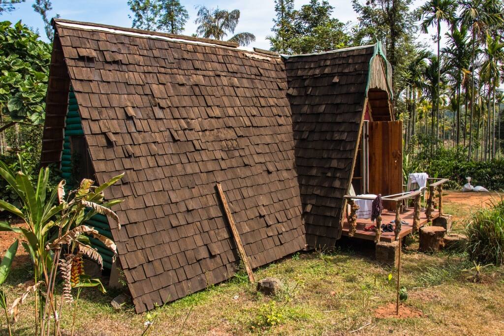 The gabled tiled roof of the huts gives it the look of an old Russian cottage