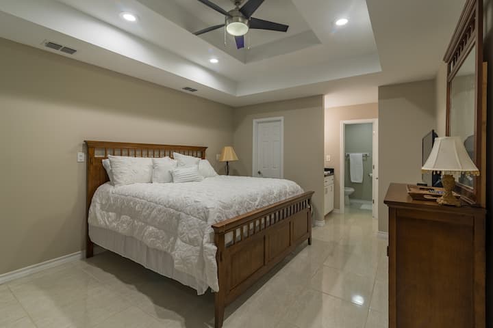 Bedroom 1 has king size bed, tv w/ Roku, walk-in closet, and full bath. Spacious and comfortable.