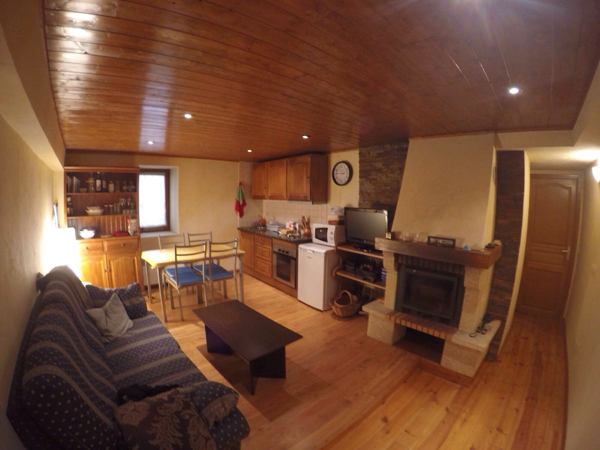 A cozy living space features wooden ceiling beams and warm wood flooring. A comfortable sofa faces a stone fireplace, with a small coffee table positioned in front. A dining table with four chairs is placed adjacent to a fully equipped kitchen, showcasing ample cabinetry.