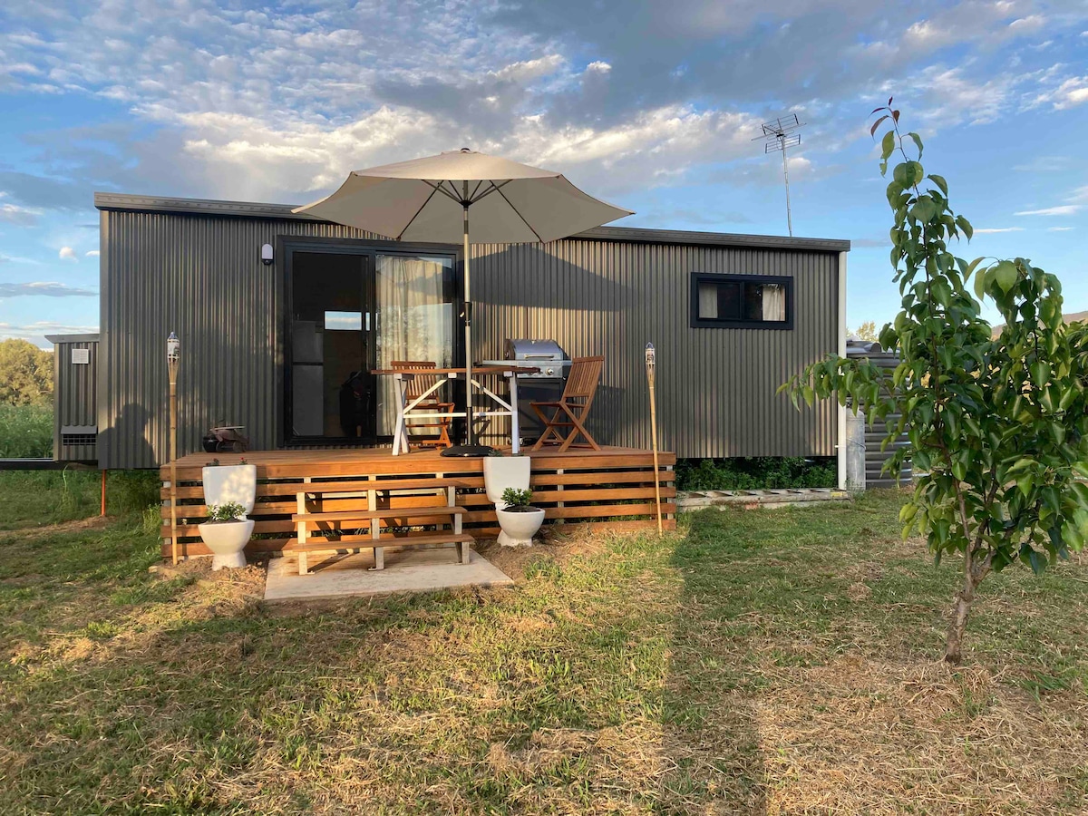 A cozy outdoor area is depicted, featuring a wooden deck with a table and two chairs shaded by a large umbrella. Steps lead down to a grassy space, with potted plants adding a touch of greenery. The cabin's exterior showcases a sleek design with large windows and a door.