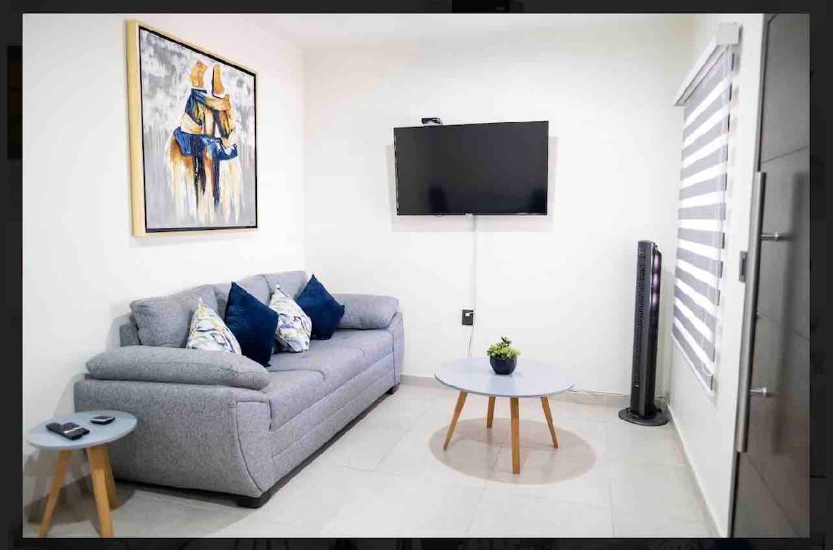 A comfortable living area is shown, featuring a gray sofa adorned with blue accent pillows. A small round coffee table sits in front, accompanied by a potted plant. A wall-mounted television is visible, with a cooling fan beside it and modern window shades allowing natural light to enter.
