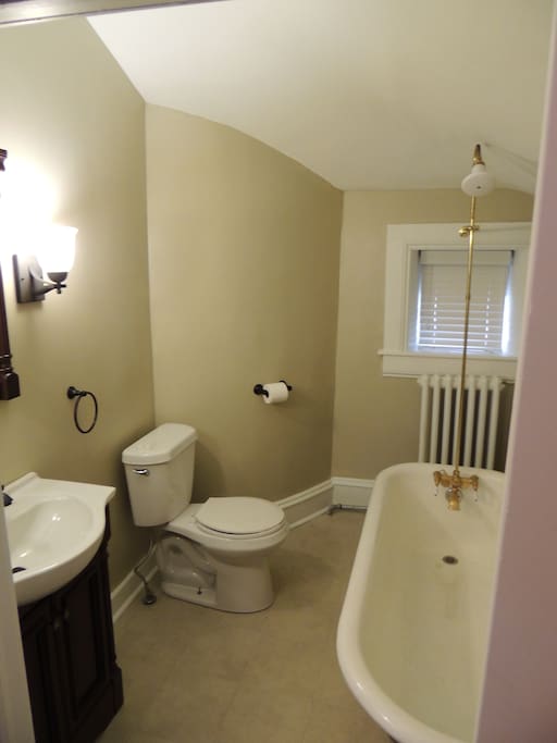 Original old fashioned iron clawfoot tub with a standing shower