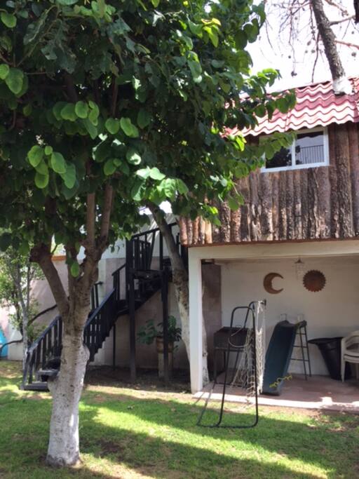 Otra foto del jardin, el cual tiene una casita del arbol para que los niños jueguen.