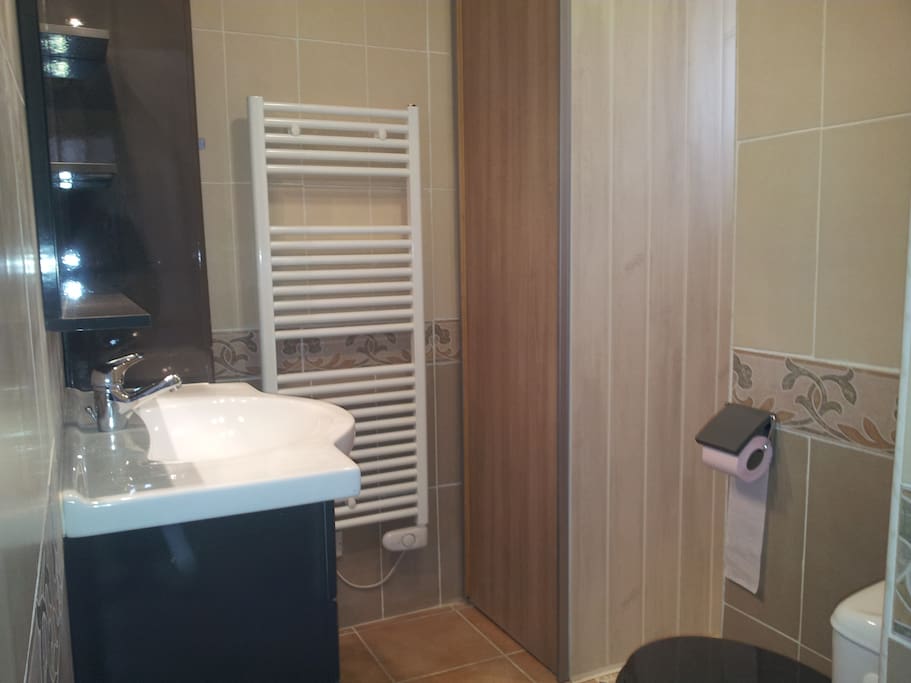 salle de bain, WC, douche italienne et machine à laver le linge dans placard.