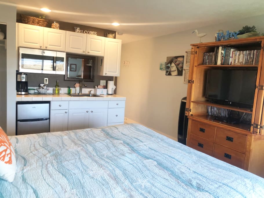 Comfortable King bed, E-Center, and Kitchenette